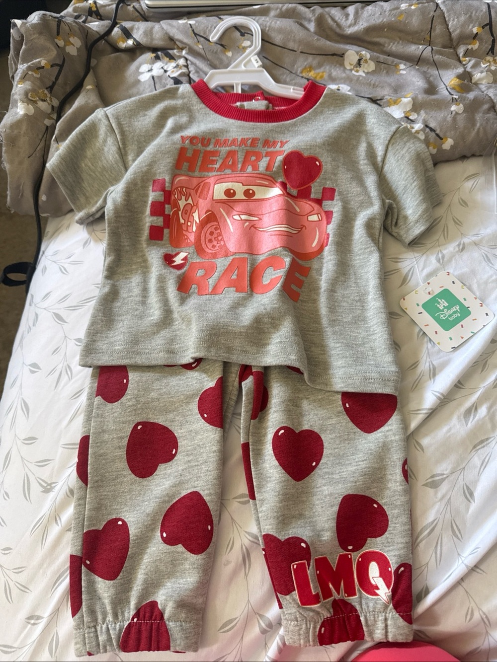 Girls Grey and Red Heart Race Pajama Set NWT